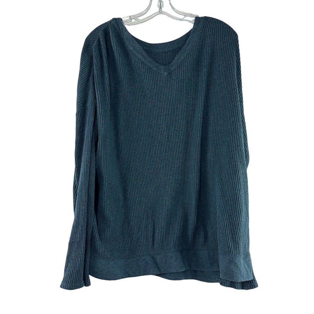 J Jill Oversize Waffle Knit Pullover Top Womens Size L Blue V Back Long‎ Sleeve - Picture 2 of 5